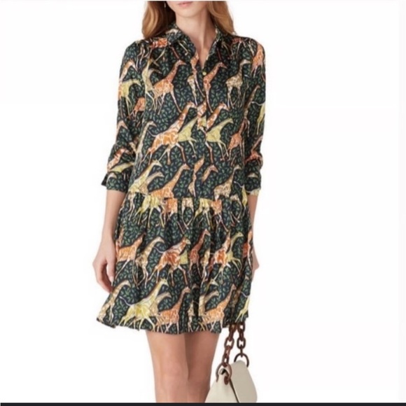 J. Crew Shirtdress in Giraffes Relaxed Fit Small Navy Blue Animal Print Boho Zoo - Picture 1 of 8